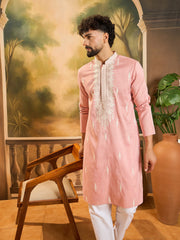 Men Peach Silk Blend Solid Embroidered Straight Kurta with Trouser-MKSET1491