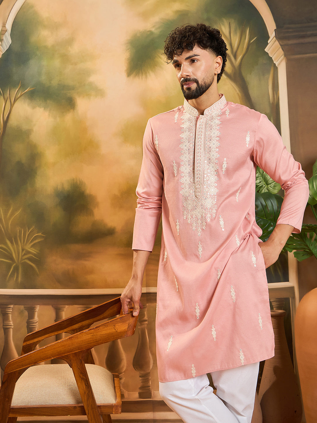 Men Peach Silk Blend Solid Embroidered Straight Kurta with Trouser-MKSET1491