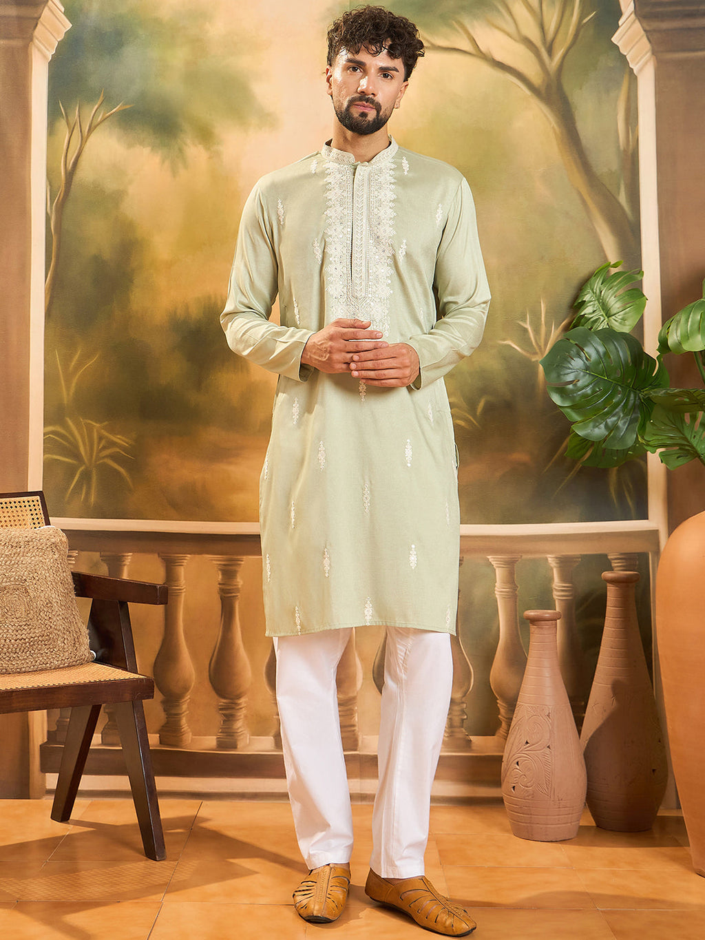 Men Green Silk Blend Solid Embroidered Straight Kurta with Trouser-MKSET1492