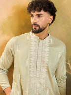 Men Green Silk Blend Solid Embroidered Straight Kurta with Trouser-MKSET1492