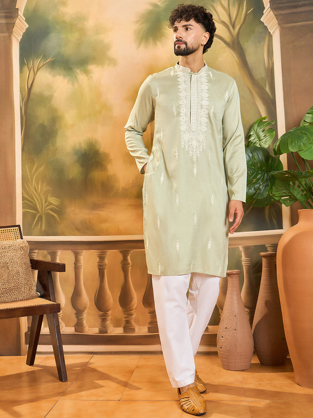 Men Green Silk Blend Solid Embroidered Straight Kurta with Trouser-MKSET1492