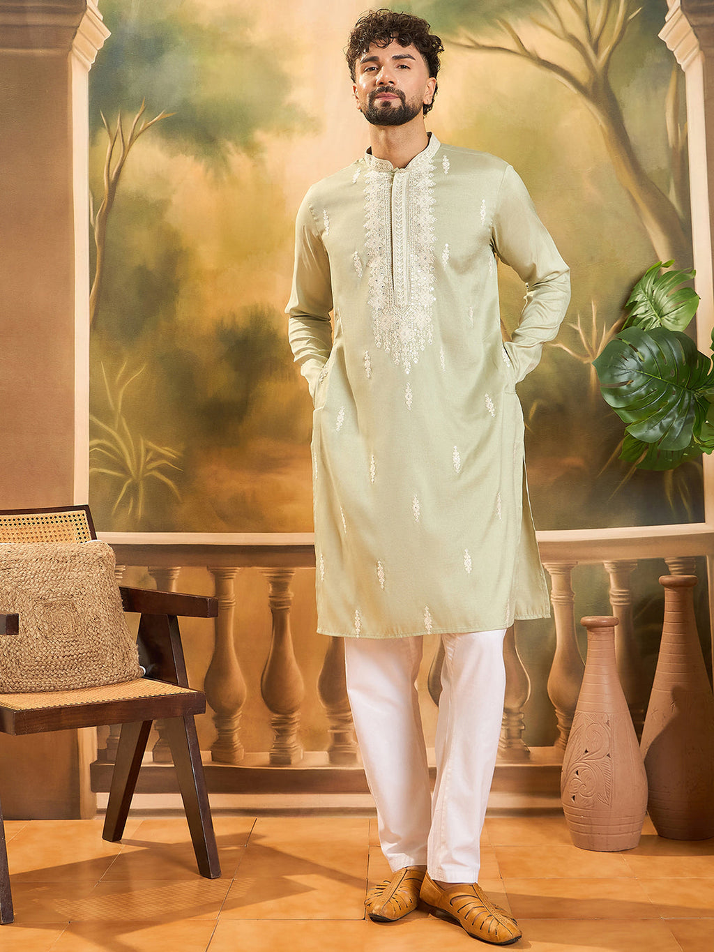 Men Green Silk Blend Solid Embroidered Straight Kurta with Trouser-MKSET1492