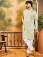 Men Green Silk Blend Solid Embroidered Straight Kurta with Trouser-MKSET1492