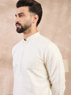 Men White Silk Blend Geometric Embroidered Straight Kurta With Trouser-MKSET1547