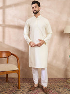 Men White Silk Blend Geometric Embroidered Straight Kurta With Trouser-MKSET1547