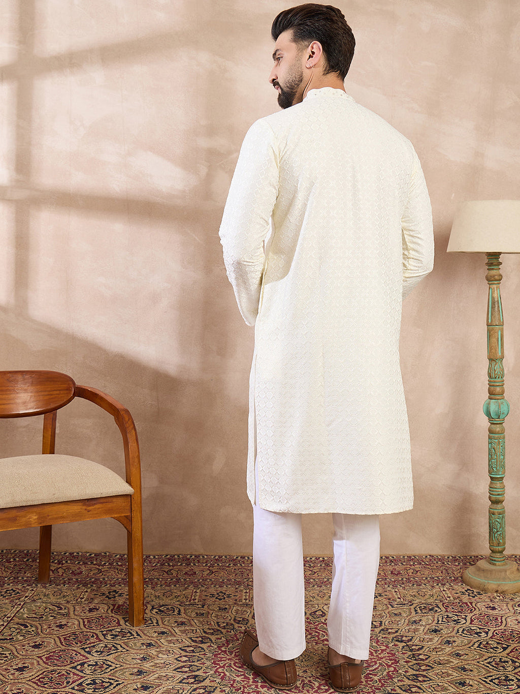 Men White Silk Blend Geometric Embroidered Straight Kurta With Trouser-MKSET1547