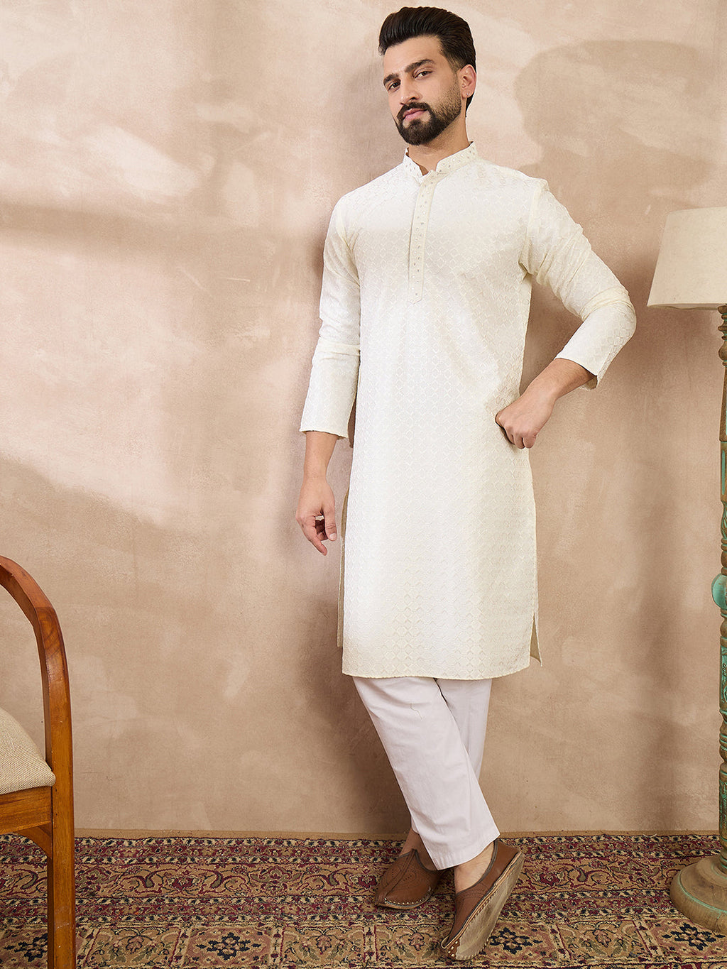 Men White Silk Blend Geometric Embroidered Straight Kurta With Trouser-MKSET1547