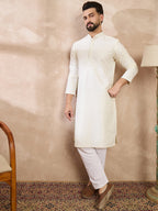 Men White Silk Blend Geometric Embroidered Straight Kurta With Trouser-MKSET1547