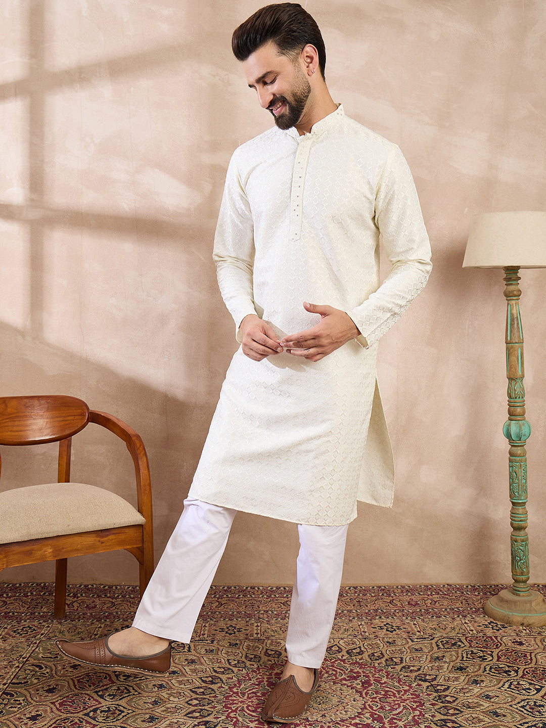 Men White Silk Blend Geometric Embroidered Straight Kurta With Trouser-MKSET1547