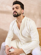Men White Silk Blend Geometric Embroidered Straight Kurta With Trouser-MKSET1547