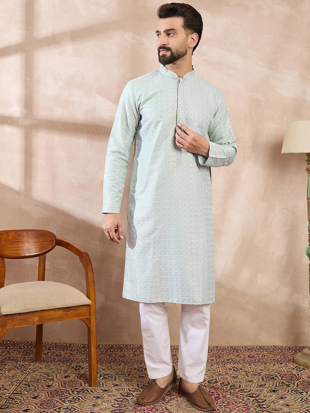 Men Blue Silk Blend Geometric Embroidered Straight Kurta With Trouser-MKSET1548