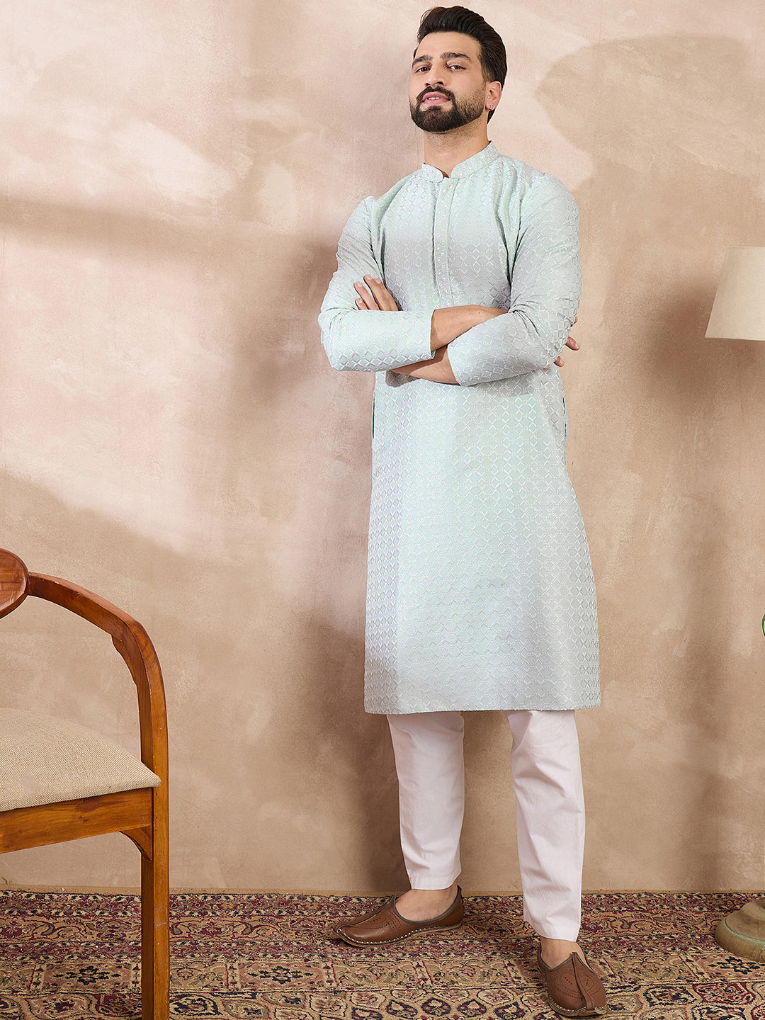 Men Blue Silk Blend Geometric Embroidered Straight Kurta With Trouser-MKSET1548