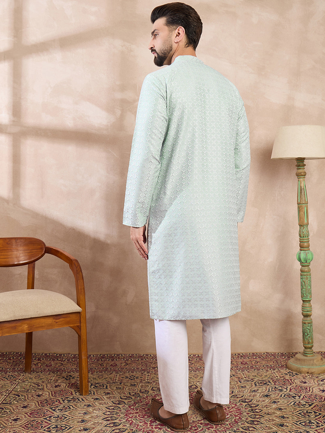 Men Blue Silk Blend Geometric Embroidered Straight Kurta With Trouser-MKSET1548