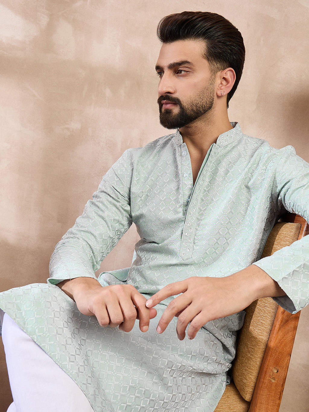 Men Blue Silk Blend Geometric Embroidered Straight Kurta With Trouser-MKSET1548