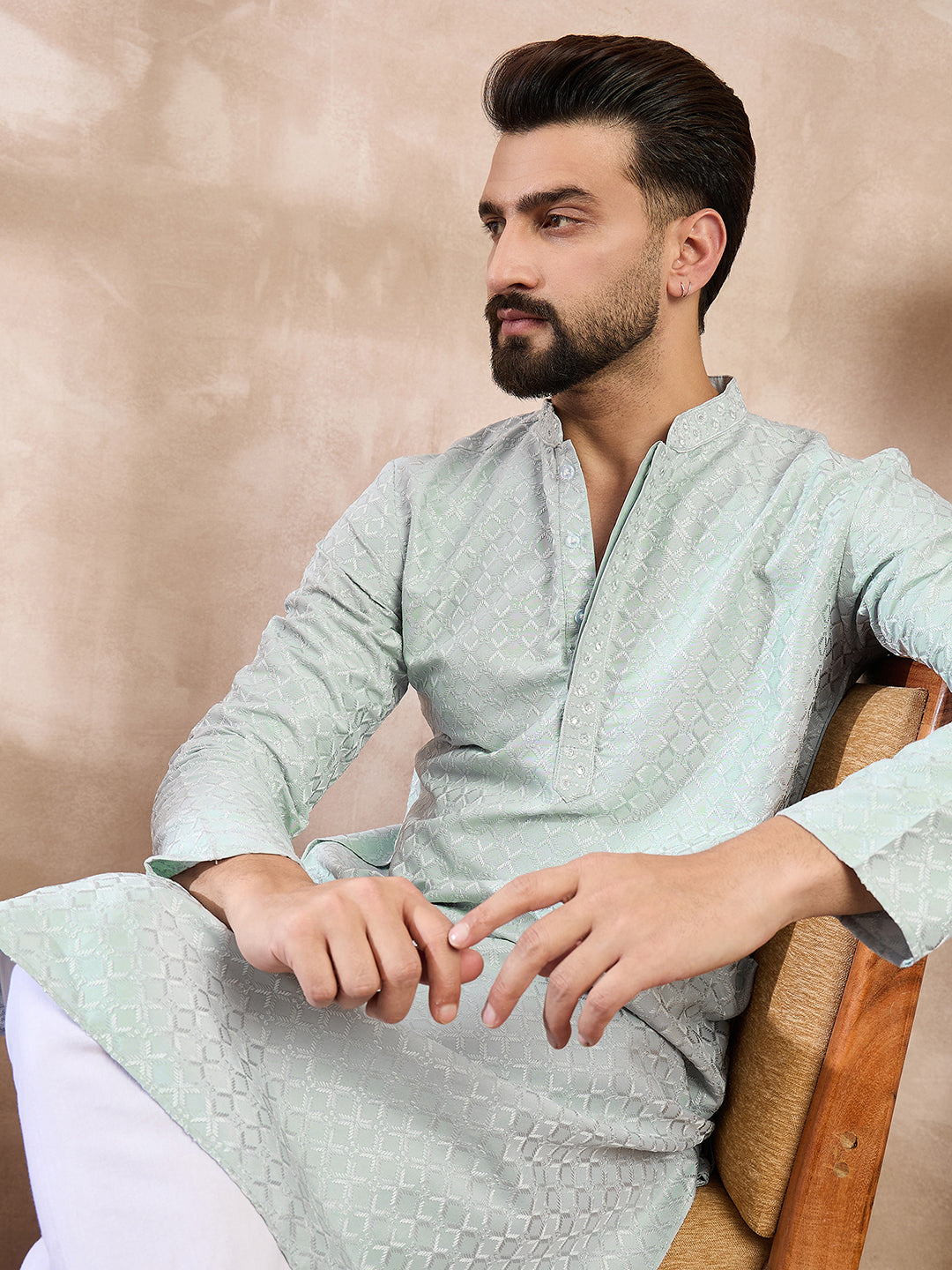 Men Blue Silk Blend Geometric Embroidered Straight Kurta With Trouser-MKSET1548