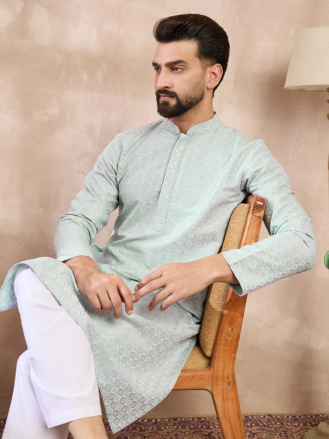 Men Blue Silk Blend Geometric Embroidered Straight Kurta With Trouser-MKSET1548