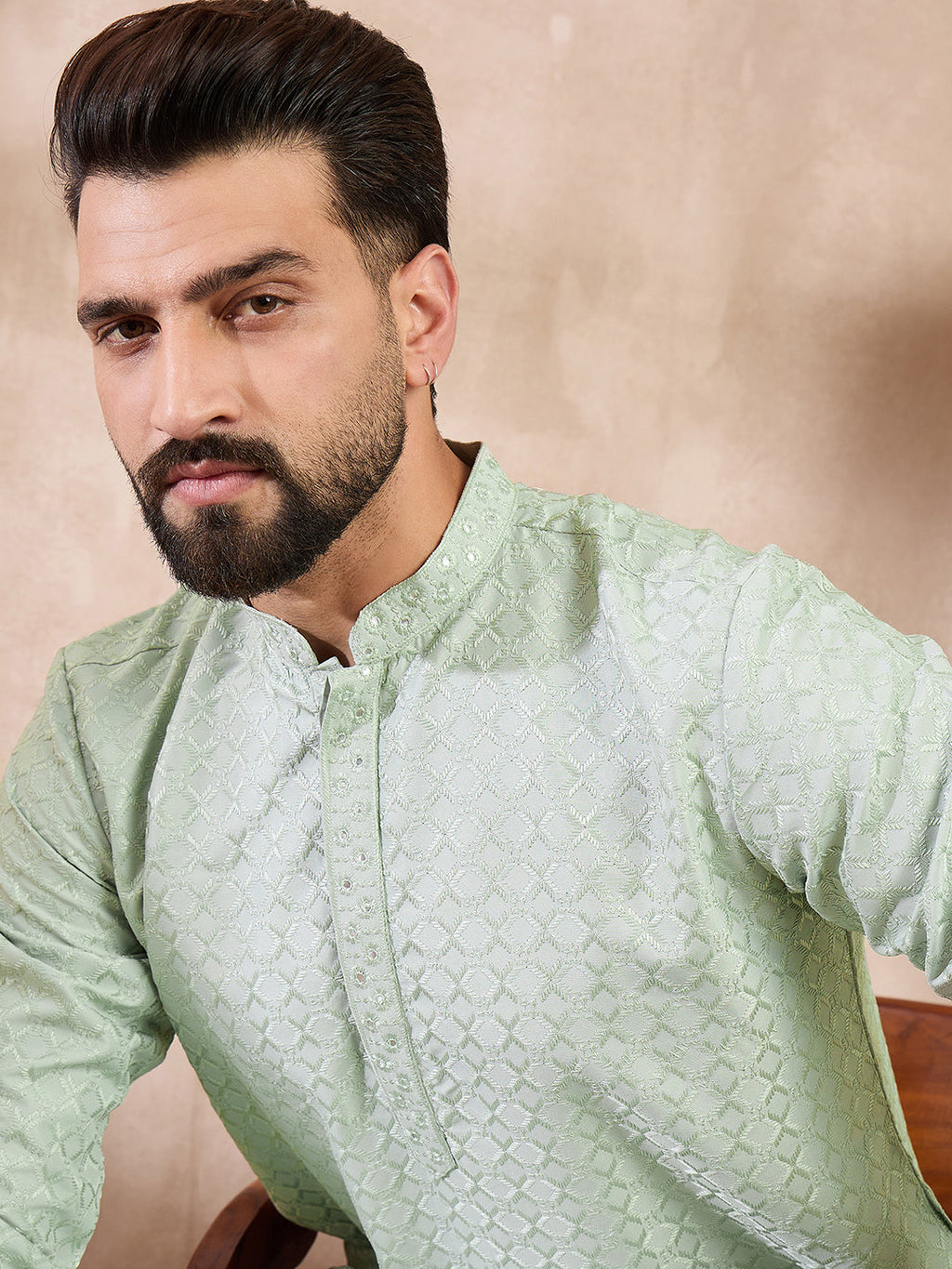 Men Green Silk Blend Geometric Embroidered Straight Kurta With Trouser-MKSET1549