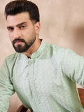 Men Green Silk Blend Geometric Embroidered Straight Kurta With Trouser-MKSET1549