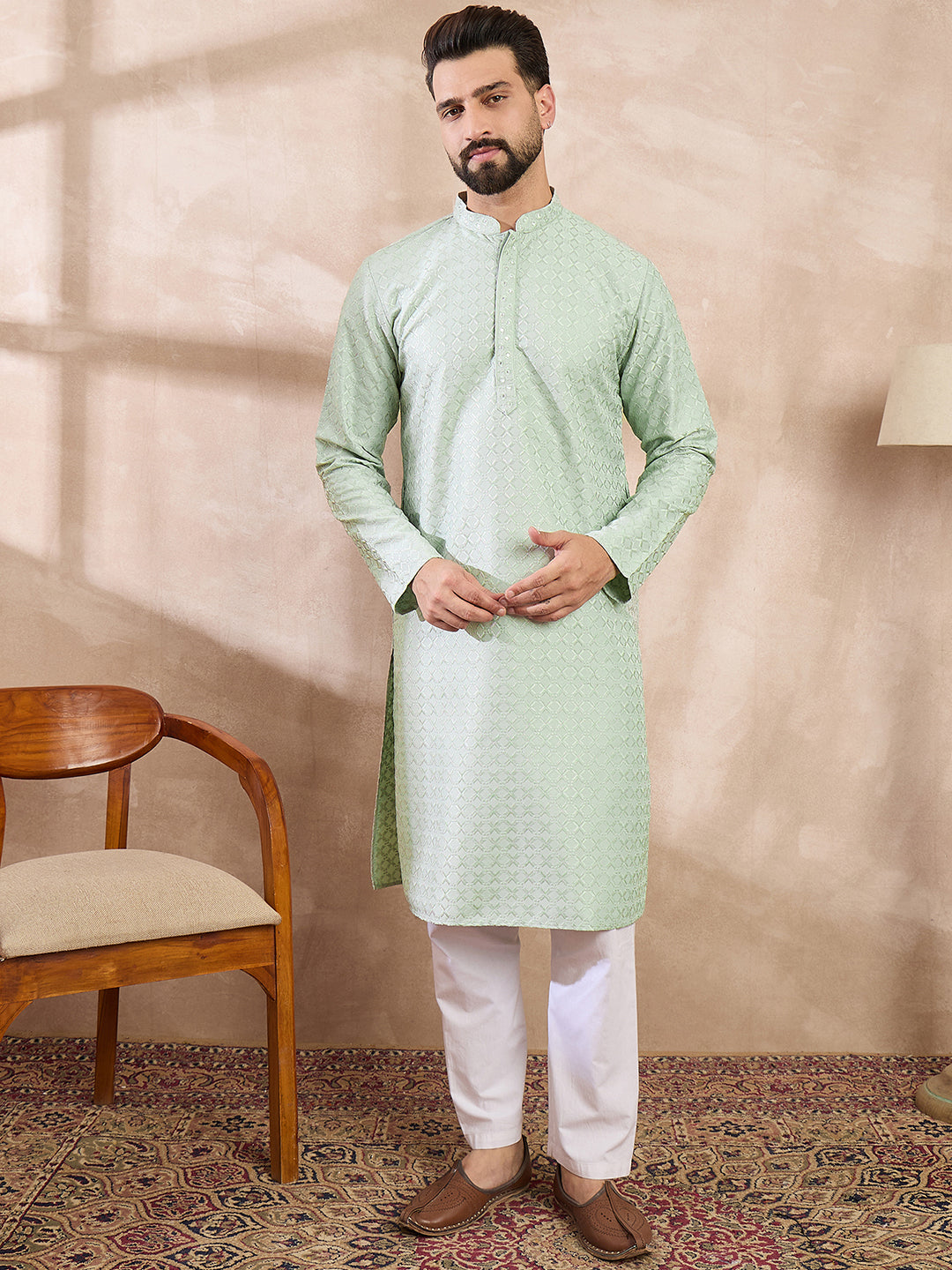 Men Green Silk Blend Geometric Embroidered Straight Kurta With Trouser-MKSET1549