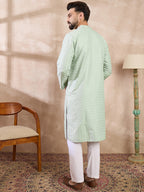 Men Green Silk Blend Geometric Embroidered Straight Kurta With Trouser-MKSET1549