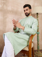 Men Green Silk Blend Geometric Embroidered Straight Kurta With Trouser-MKSET1549