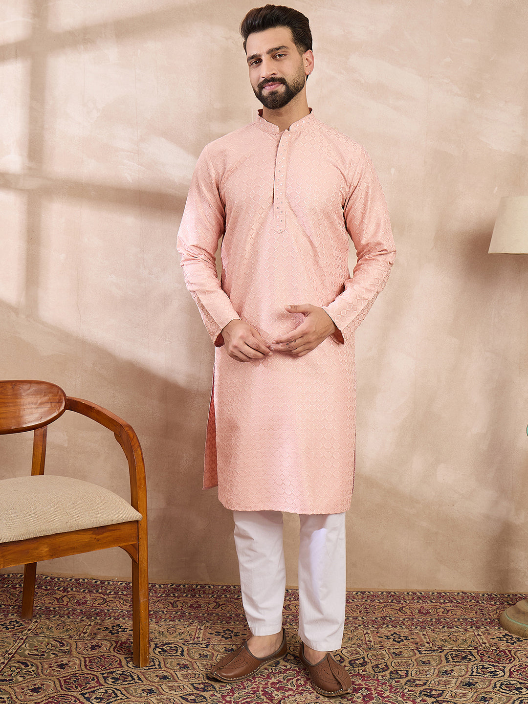 Men Pink Silk Blend Geometric Embroidered Straight Kurta With Trouser-MKSET1550
