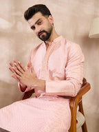 Men Pink Silk Blend Geometric Embroidered Straight Kurta With Trouser-MKSET1550