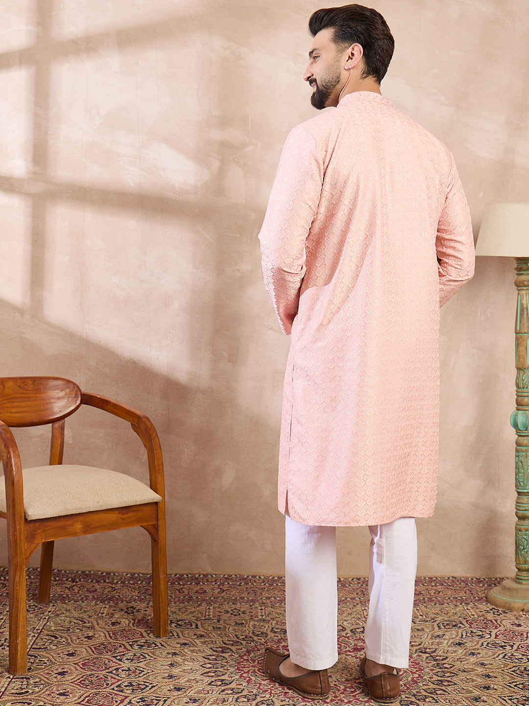 Men Pink Silk Blend Geometric Embroidered Straight Kurta With Trouser-MKSET1550