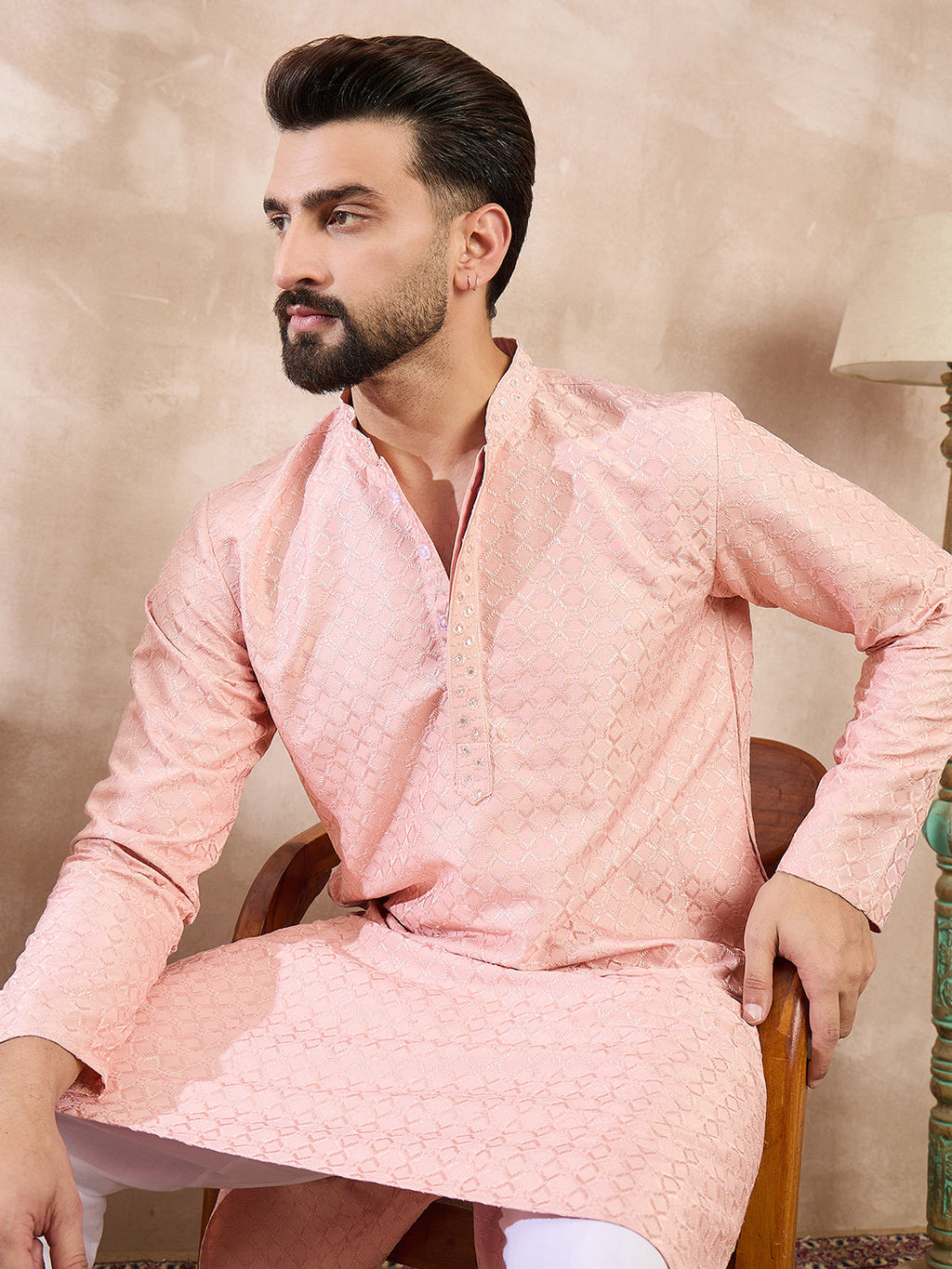 Men Pink Silk Blend Geometric Embroidered Straight Kurta With Trouser-MKSET1550