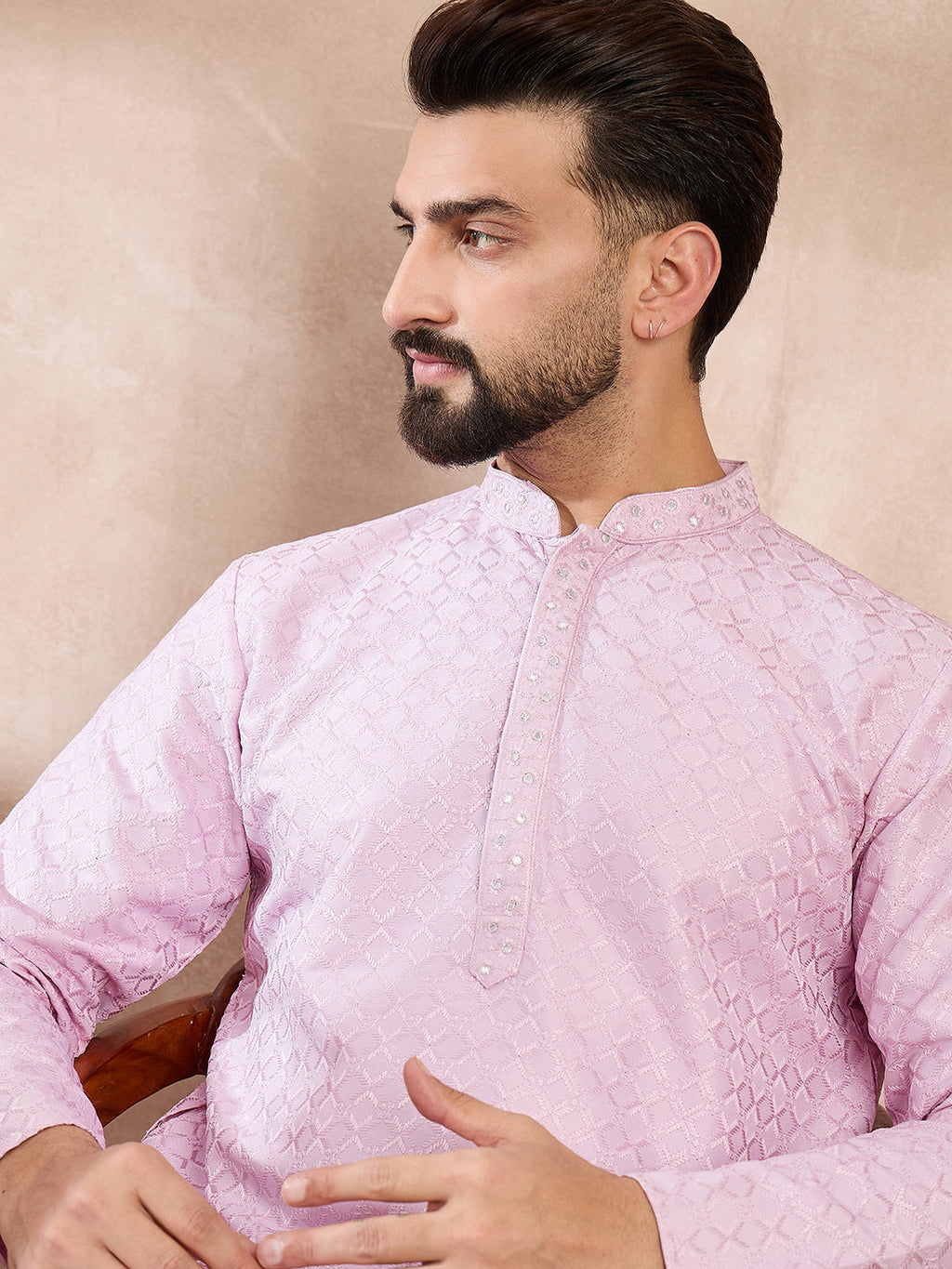 Men Purple Silk Blend Geometric Embroidered Straight Kurta With Trouser-MKSET1551