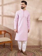 Men Purple Silk Blend Geometric Embroidered Straight Kurta With Trouser-MKSET1551