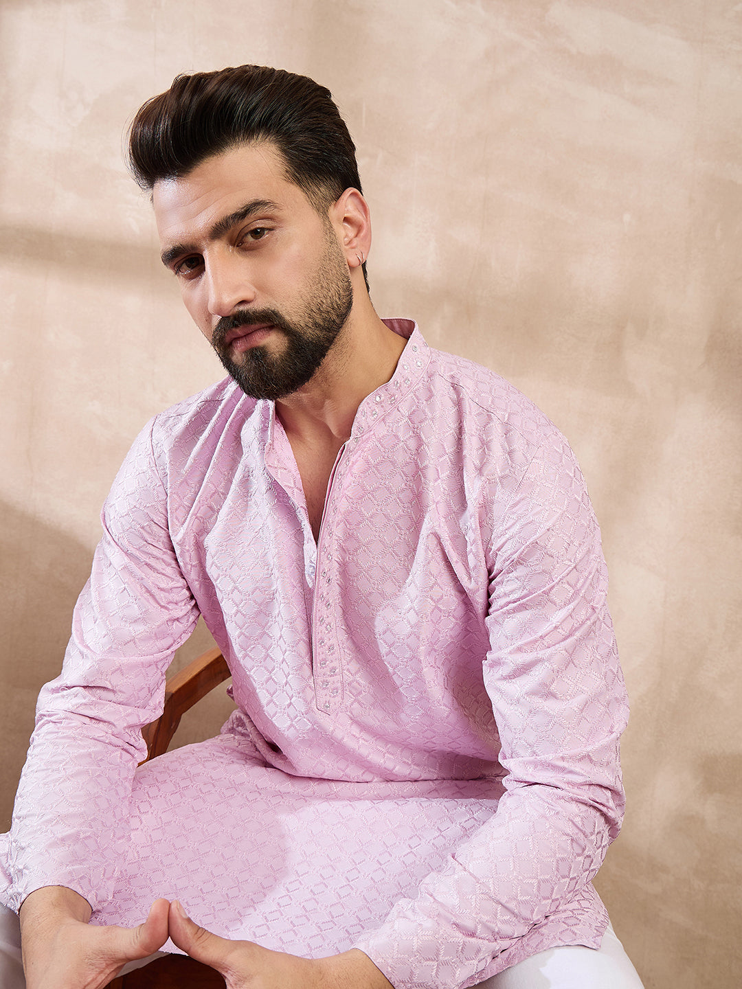 Men Purple Silk Blend Geometric Embroidered Straight Kurta With Trouser-MKSET1551