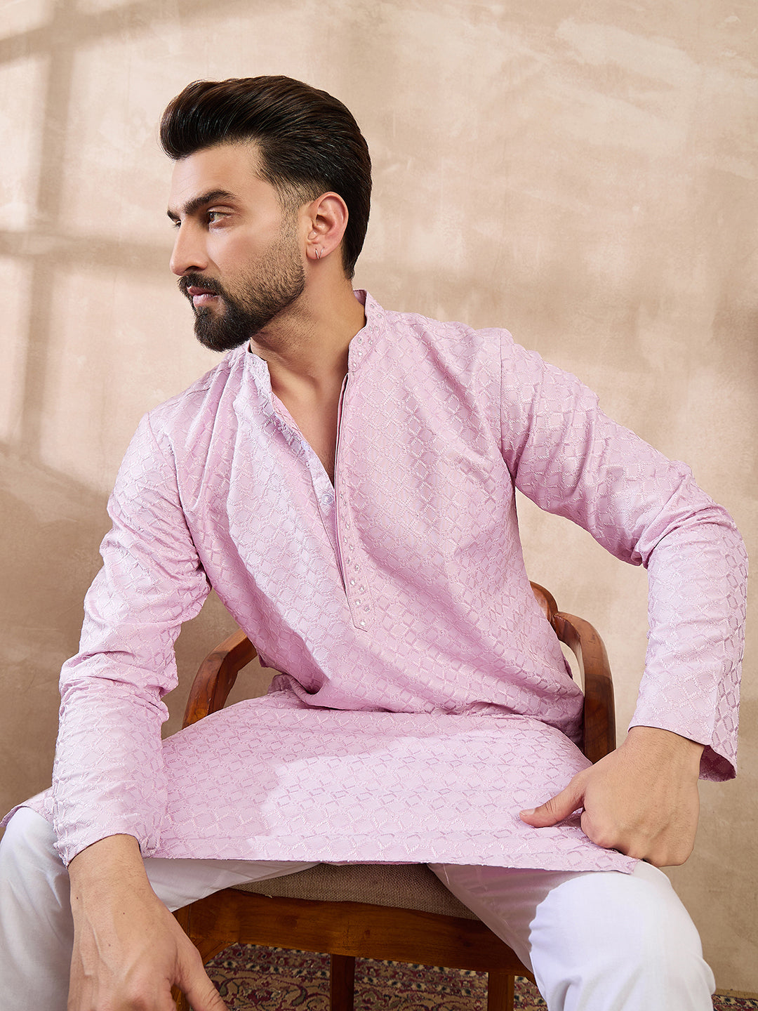 Men Purple Silk Blend Geometric Embroidered Straight Kurta With Trouser-MKSET1551