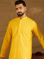 Men Yellow Viscose Rayon Solid Embroidered Straight Kurta with Trouser-MKSET1552