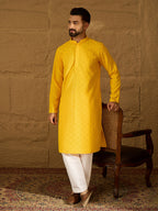 Men Yellow Viscose Rayon Solid Embroidered Straight Kurta with Trouser-MKSET1552