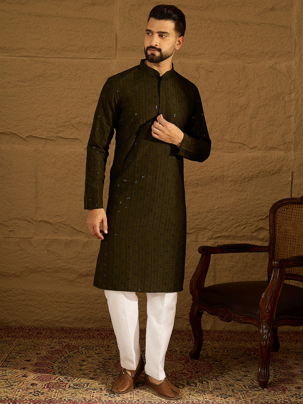Men Olive Viscose Rayon Solid Embroidered Straight Kurta with Trouser-MKSET1553