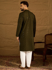 Men Olive Viscose Rayon Solid Embroidered Straight Kurta with Trouser-MKSET1553