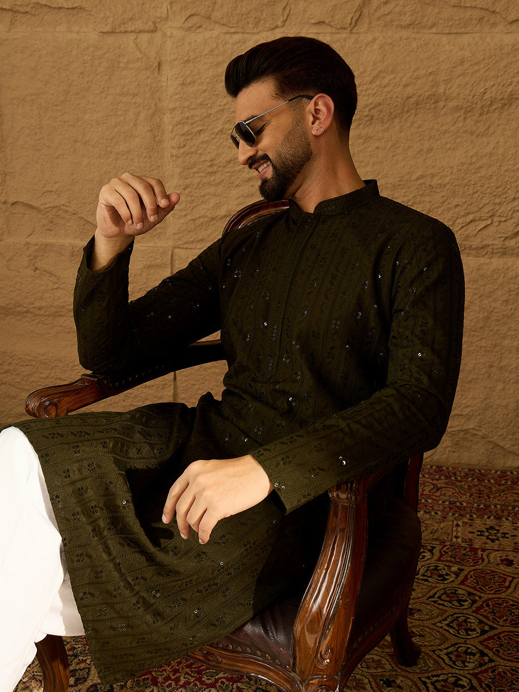 Men Olive Viscose Rayon Solid Embroidered Straight Kurta with Trouser-MKSET1553