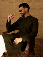 Men Olive Viscose Rayon Solid Embroidered Straight Kurta with Trouser-MKSET1553