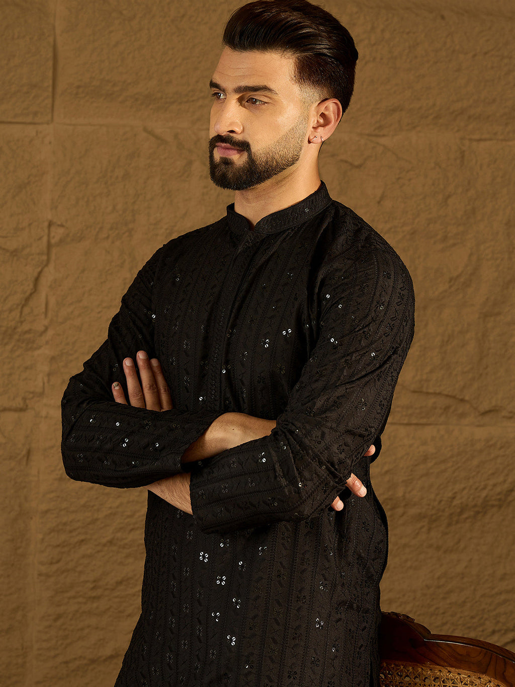 Men Black Viscose Rayon Solid Embroidered Straight Kurta with Trouser-MKSET1554