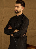 Men Black Viscose Rayon Solid Embroidered Straight Kurta with Trouser-MKSET1554