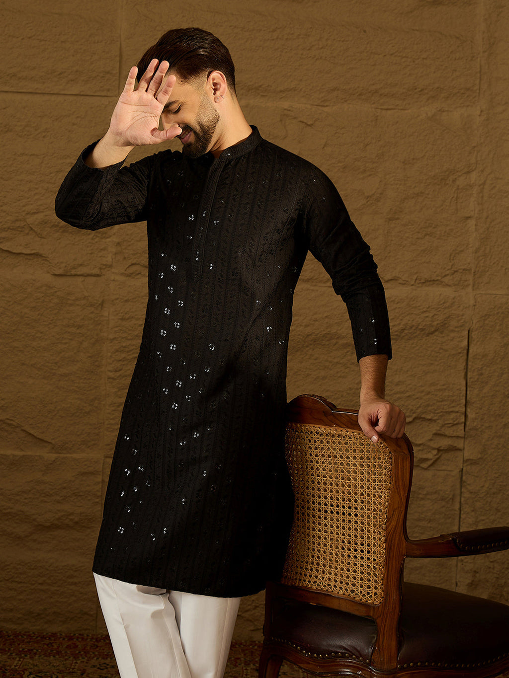 Men Black Viscose Rayon Solid Embroidered Straight Kurta with Trouser-MKSET1554