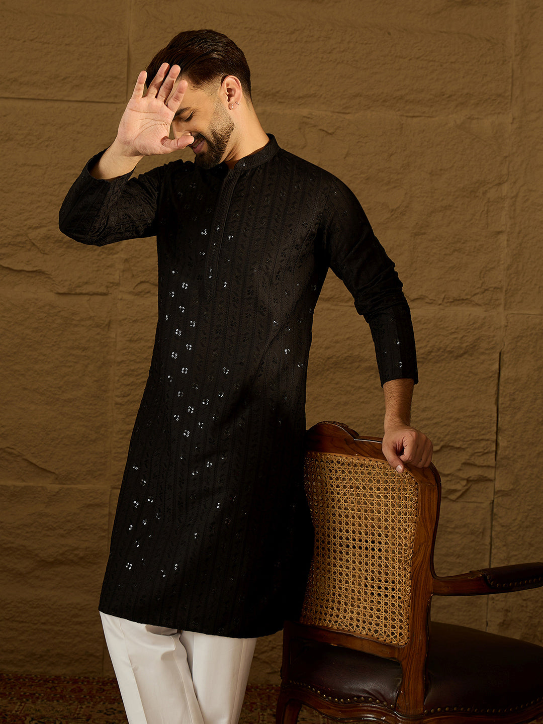 Men Black Viscose Rayon Solid Embroidered Straight Kurta with Trouser-MKSET1554