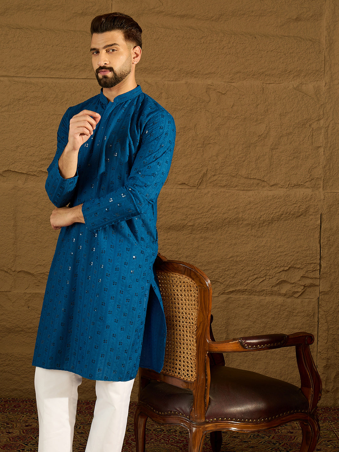 Men Blue Viscose Rayon Solid Embroidered Straight Kurta with Trouser-MKSET1555