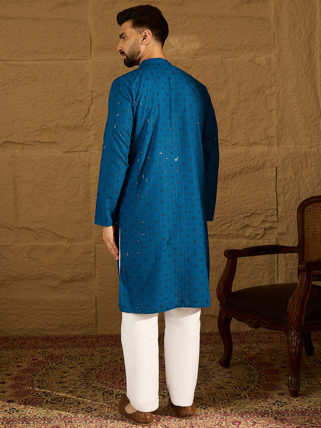 Men Blue Viscose Rayon Solid Embroidered Straight Kurta with Trouser-MKSET1555