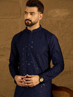 Men Navy Blue Viscose Rayon Solid Embroidered Straight Kurta with Trouser-MKSET1556
