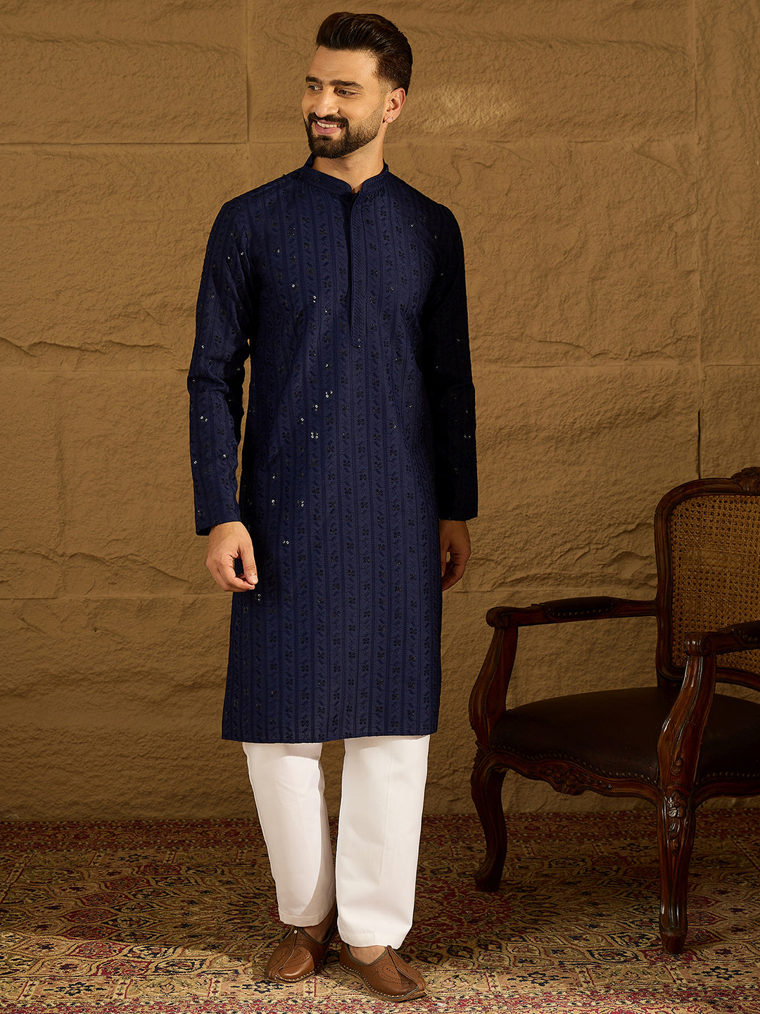 Men Navy Blue Viscose Rayon Solid Embroidered Straight Kurta with Trouser-MKSET1556
