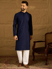 Men Navy Blue Viscose Rayon Solid Embroidered Straight Kurta with Trouser-MKSET1556