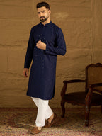 Men Navy Blue Viscose Rayon Solid Embroidered Straight Kurta with Trouser-MKSET1556
