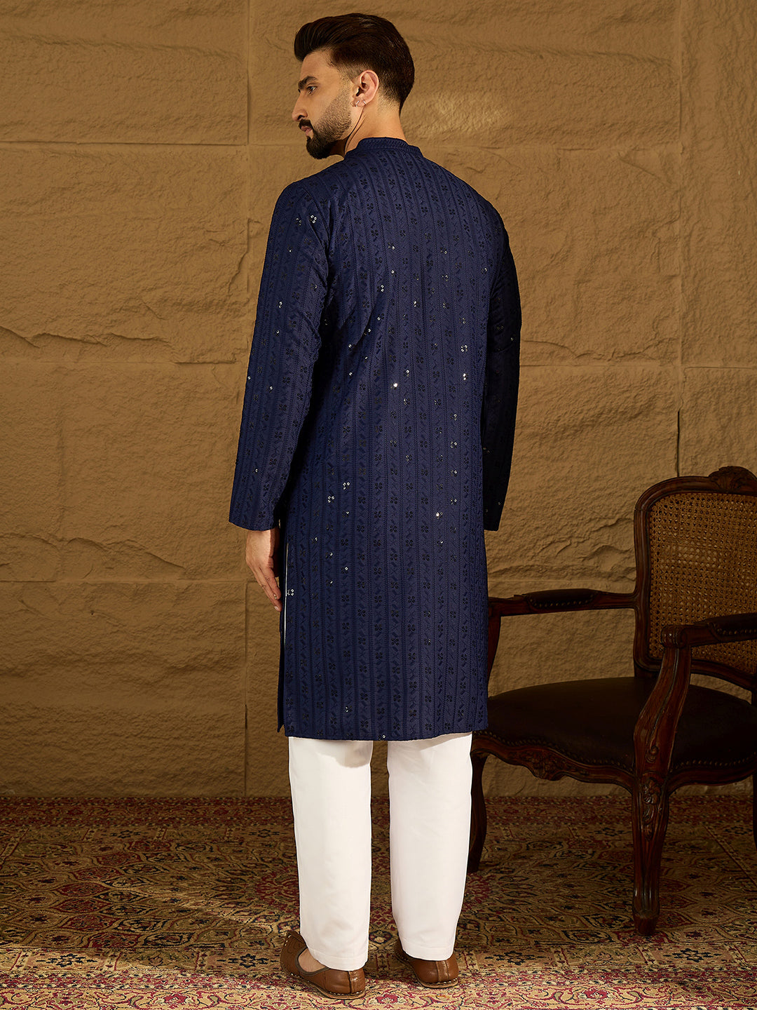 Men Navy Blue Viscose Rayon Solid Embroidered Straight Kurta with Trouser-MKSET1556